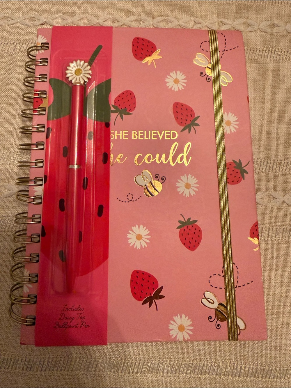 Spiral Journal with Strawberry & Daisy Pen - Pink